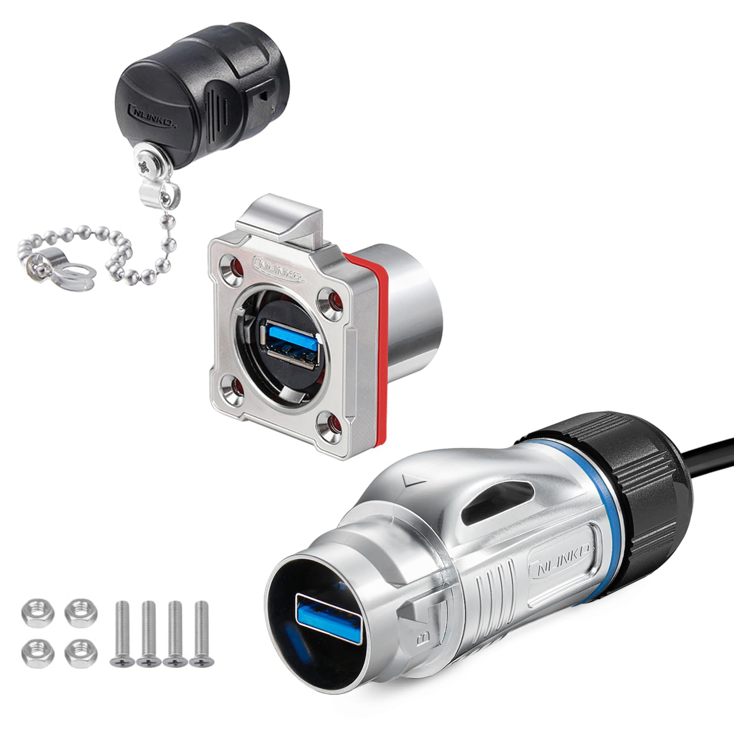 CNLINKO BD-24 USB 3.0 Connectors, Male Plug with 20 Inches Cable, Type A Female Metal Socket, Panel Mount Receptacles Socket, IP68 Waterproof Connector, M24 Signal Connectors (USB 3.0 Set)