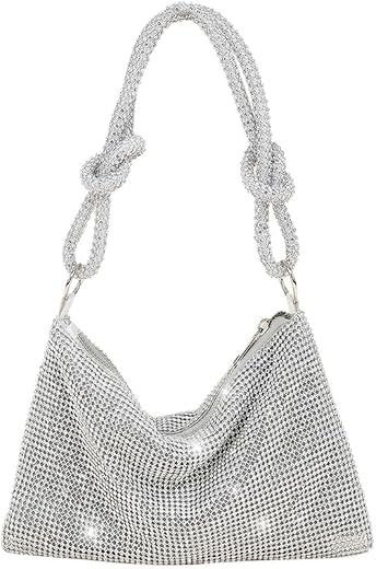 BLUE BEADS Women Silver Color Full Rhinestone Crystal Evening Bag Sparkling Glitter Handbag with Shiny Shoulder Strap Eleg...