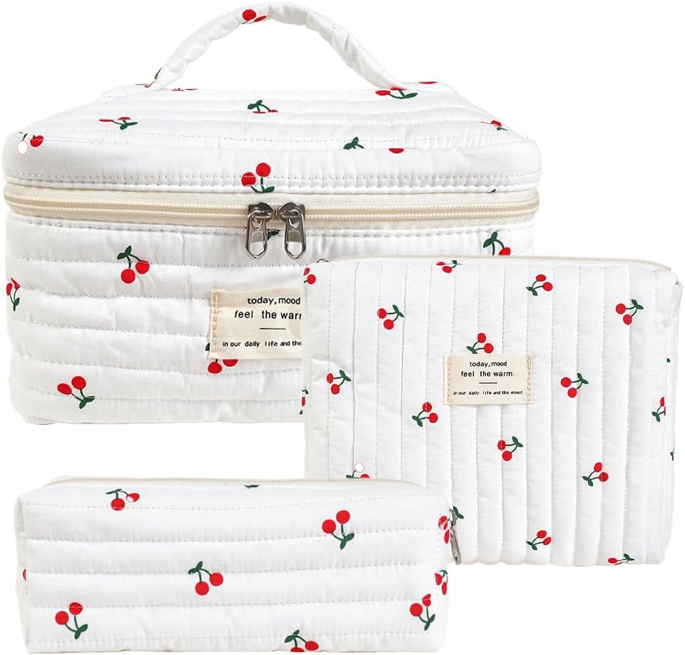Makeup Bag Set, Quilted Makeup Bag 3PCS Cotton Cosmetic Bag Travel Makeup Bag Toiletry Bag for Women, Portable Make Up Bag Organizer, Gift for Her, Cherry