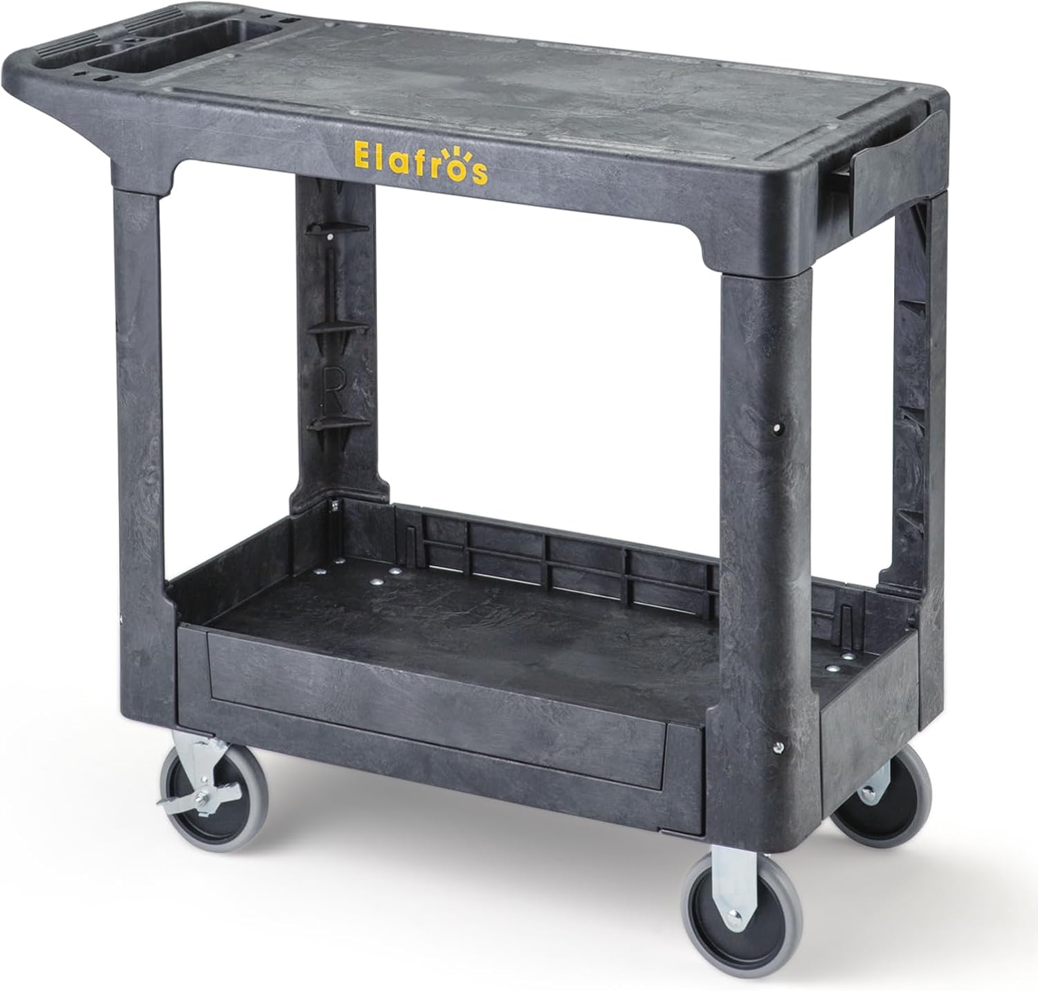 ELAFROS Heavy Duty Plastic Utility Cart Flat top 37 x 18.8 Inch - Work Cart Flat Shelves and 2 Fixed 2 Swivel Wheels Safely Holds up to 550 lbs - 2 Tier Service Cart for Warehouse,Garage, Black