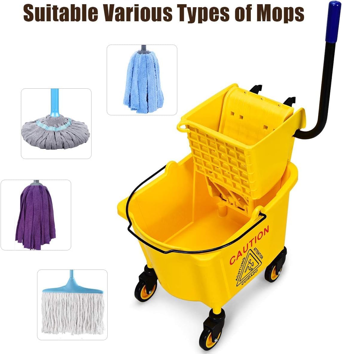 Mop Bucket, Commercial Bucket for Mopping on Wheels with Potable Handle, Mop Bucket with Wringer for Home, Household, Office, Bathroom, Yellow (25 Quarts)
