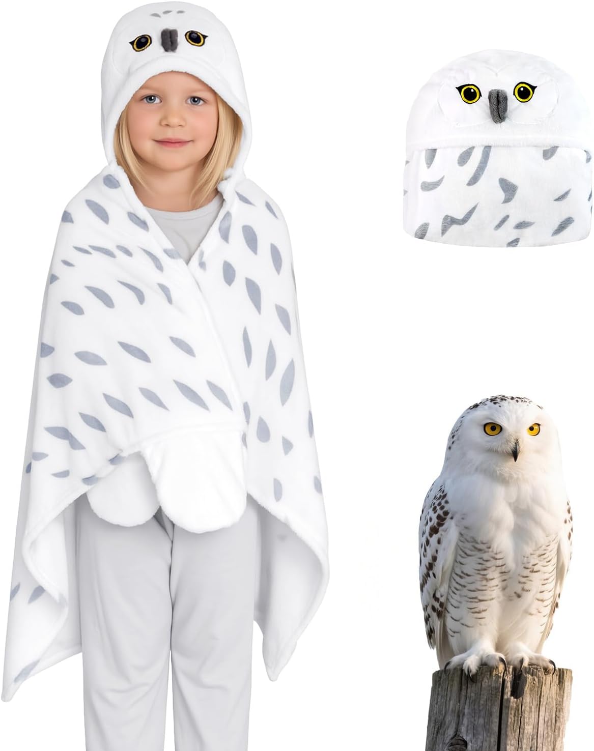 Snowy Owl Wearable Hooded Blanket Adult Gift - Cozy Blanket Hoodie Cape Throw for Women Men, Birthday Holiday Presents