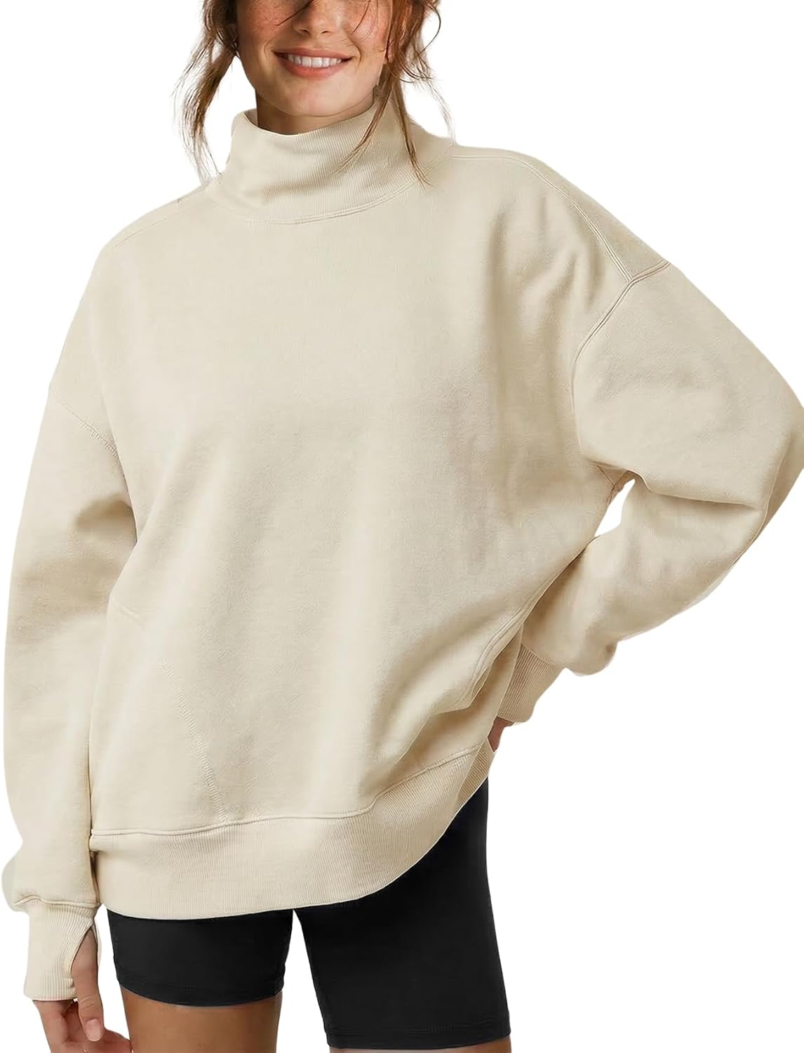 Wyeysyt Women's Mock Neck Sweatshirt Oversized Cloud Fleece Lined Turtleneck Sweatshirts with Pockets
