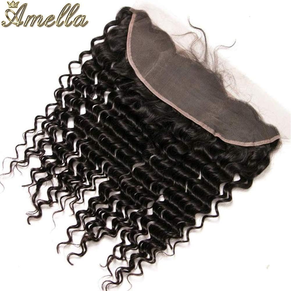 Amella Hair Brazilian Deep Wave Brazilian Virgin Hair Bundles with Frontal Free Part 16 18 20 22+14 Inch 8A Deep Wave 3 Bundles with 13×4 Ear to Ear Lace Frontal Natural Color