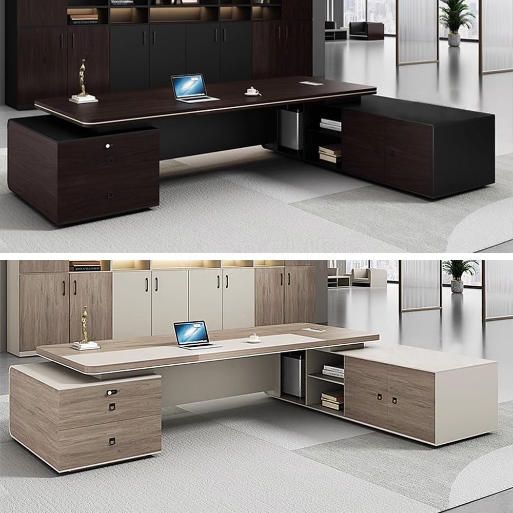 L-Shape Modern Executive Desk with Led Light Strip, Luxury L-Shape Office Executive Desk with Double Cabinets, Easy Installation (Black, 95" / 240cm) Black-right Cabinet 95"L x 63"W x 30"H