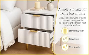 Free Standing White Wooden 2 Drawer Chic Fluted Bedside End Sofa Table Nightstand Room Living Bed Room Home Furniture