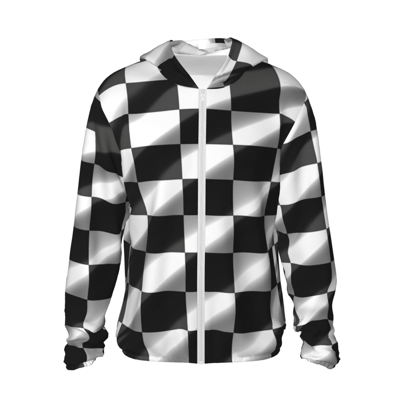 UPF 50+ Light Jacket Full Zip Sun Protection Hoodie for Women Men Long Sleeve Black White Race Checkered Flag Sun Shirts