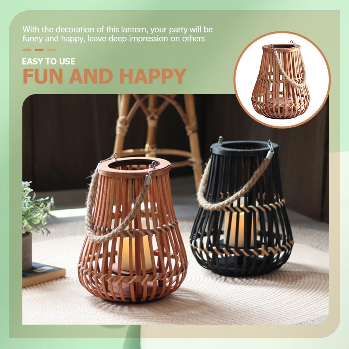 Retro Bambuslaterne mit Rattan Hohler Kerzenhalter und Tragbarem Design Laterne für Tischdeko Garten und Hochzeitsfeiern