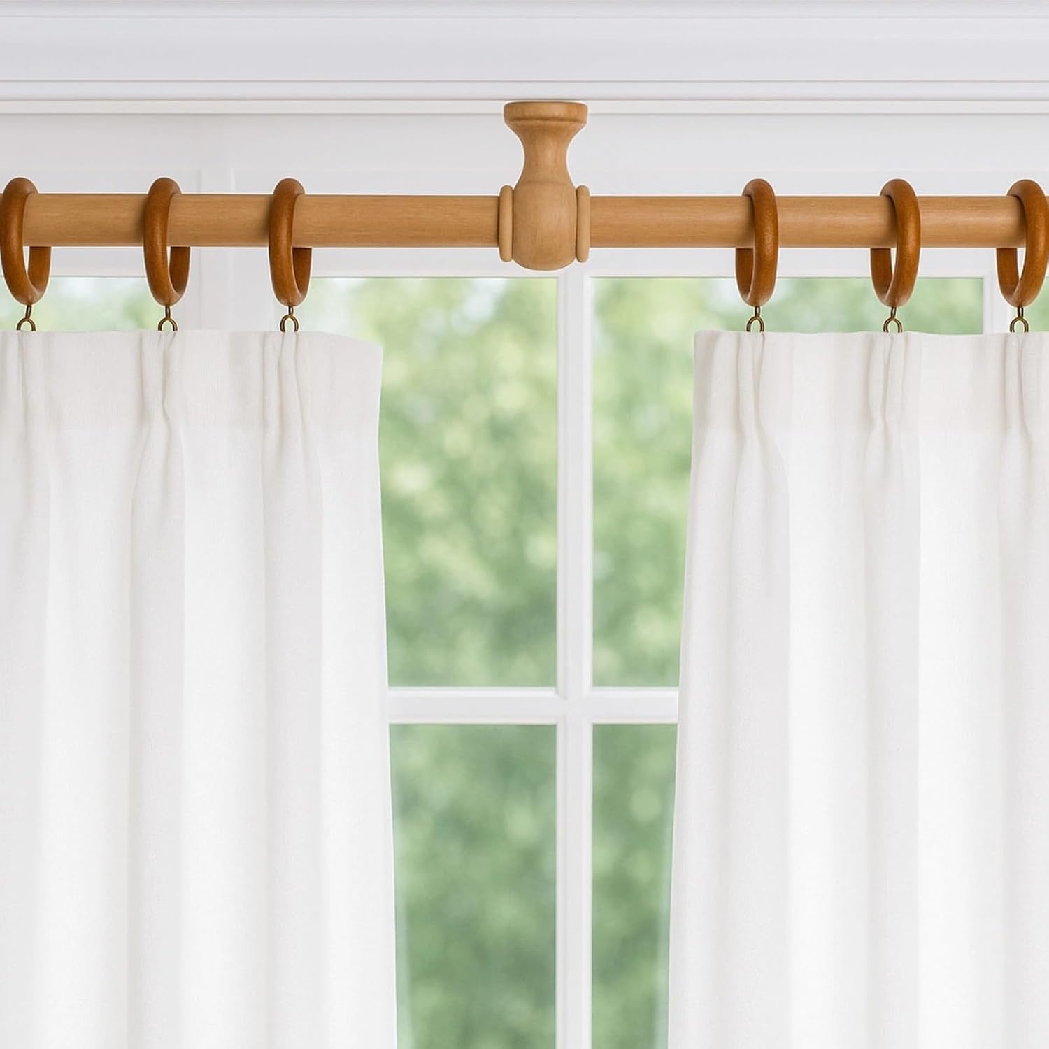 Wood Curtain Rings Set, 48 Pcs, Includes Clips and Hooks, Teak, and Silver, 1.77 in
