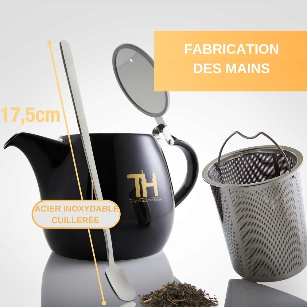 Thiru theiere avec infuseur - 1200 ml - Théière en porcelaine de qualité supérieure fabriquée à la main - Modèle 2022 avec nouveau couvercle et filtre en acier inoxydable