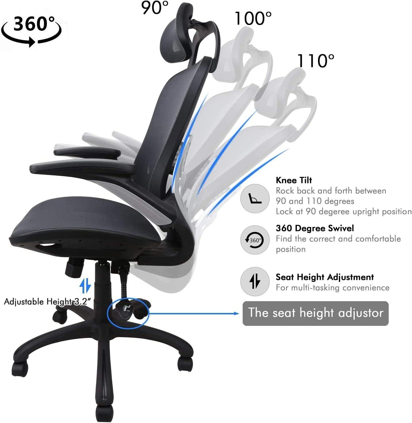 Ergonomic Office Chair High Back Adjustable Height Rolling Swivel Computer Task Chair Reclining Breathable High-Density Mesh Desk Chair with Flip-Up Armrest Rotate Headrest Back Support,Black(300lbs)
