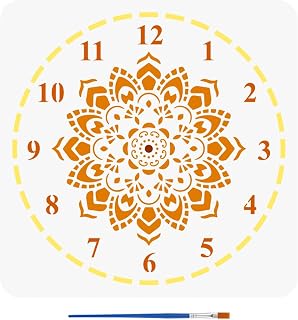 FINGERINSPIRE Mandala Clock Face Stencil with a Paint Brush 11.8x11.8inch Brocade Clock Dial Large Stencil Mandala Flower Clock Stencil Floral Clock Theme Stencil for Wall Tiles Floor Paper Furniture