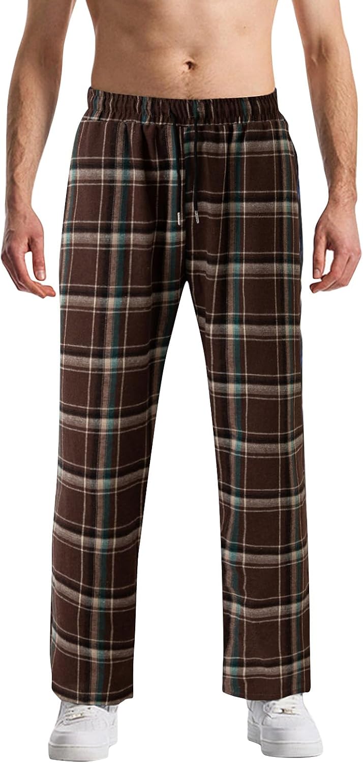 WENKOMG1 Men's Lightweight Sleep Bottoms, Plaid Lounge Casual Elastic Waist Pj Pants with Drawstring Pant, M-3XL