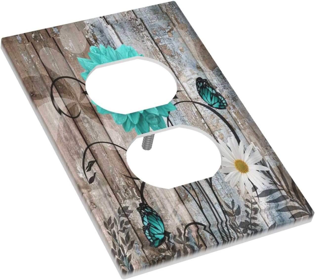 Country Turquoise Blue Daisy Rustic Wood Plank Single Duplex Wall Plate Covers Light Switch Cover 1 Gang Outlet Plate Decorative Switchplate Covers Electrical Faceplate for Farmhouse Country Bedroom