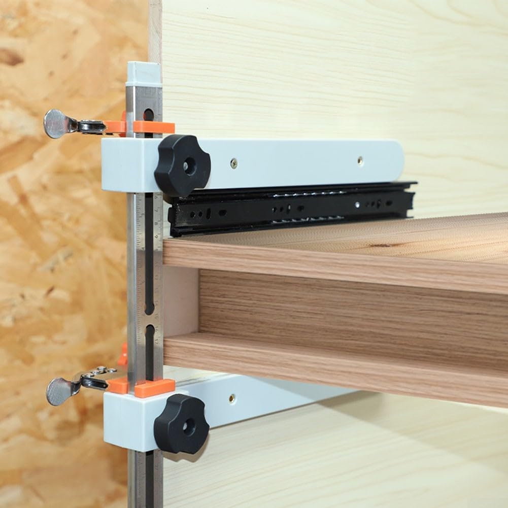 Abrazadera deslizante ajustable para cajón con grabados de doble escala y brazo de apoyo para un ajuste seguro del gabinete de cocina con construcción de metal y plástico (juego de 1 pieza)