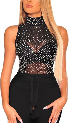 SEBOWEL Blusa de malla transparente para mujer, manga larga, brillante, con diamantes de imitación, transparente, sexy, para discoteca