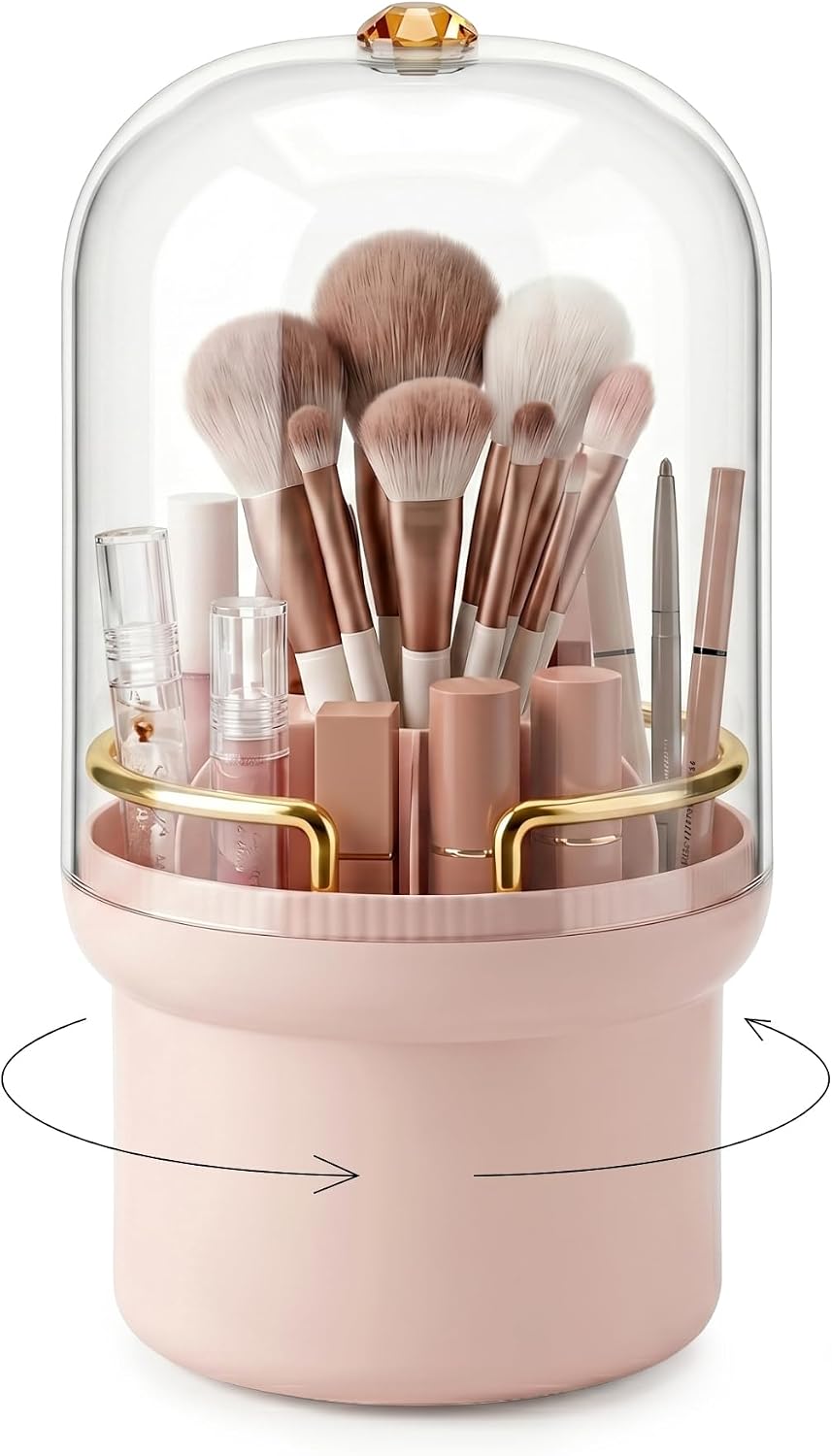 Makeup Brush Holder, 360° Rotating Cosmetic Display Cases with Clear Lid, Bathroom Countertop Organizer for Vanity, Waterproof Toothbrush Holders for Make Up Brushes, Toothpaste, Lip Gloss (Cream)