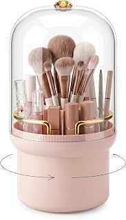 Makeup Brush Holder, 360° Rotating Cosmetic Display Cases with Clear Lid, Bathroom Countertop Organizer for Vanity, Waterproof Toothbrush Holders for Make Up Brushes, Toothpaste, Lip Gloss (Pink)