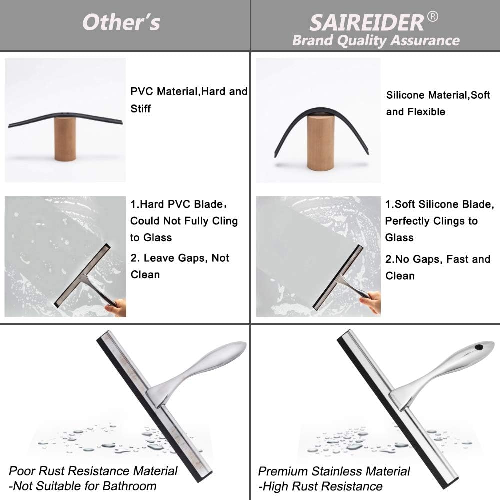 SAIREIDER Shower Squeegee for Shower Doors,All-Purpose Bathroom Mirror Car Glass Window Cleanner 10 Inches