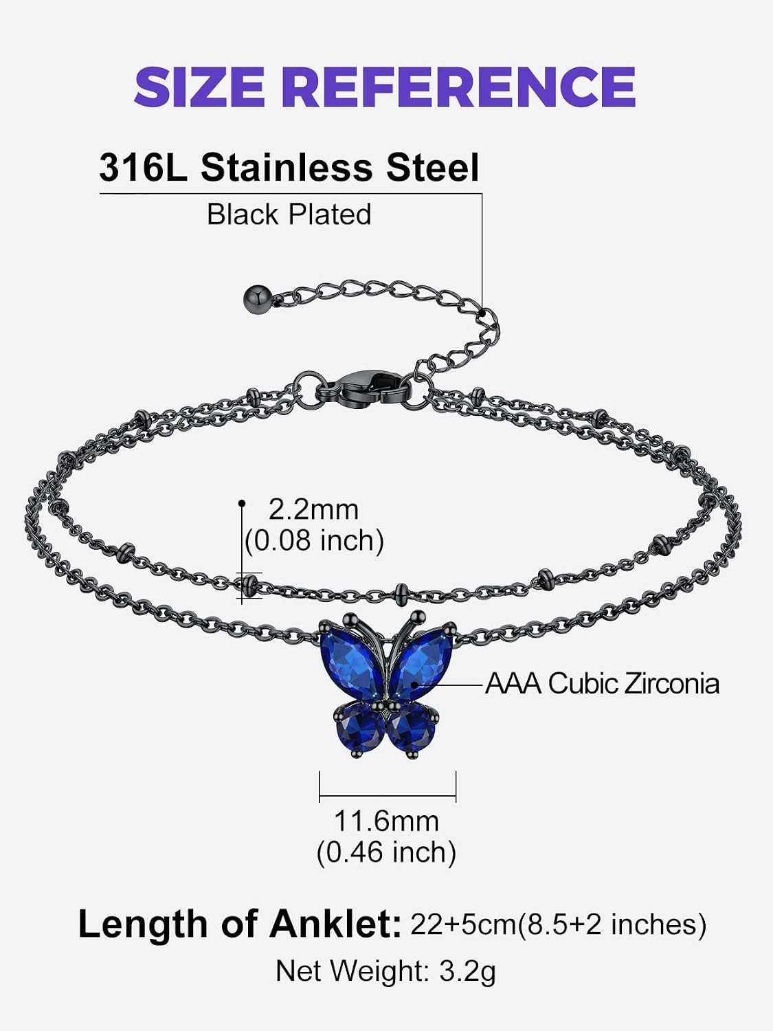 Richsteel Double Layer Heart/Butterfly Birthstone Anklet for Women Non Tarnish Waterproof, Silver/Gold/Black Stainless Steel 8.5-10.5 Inch Adjustable Chain Anklets Jewelry Gifts for Her