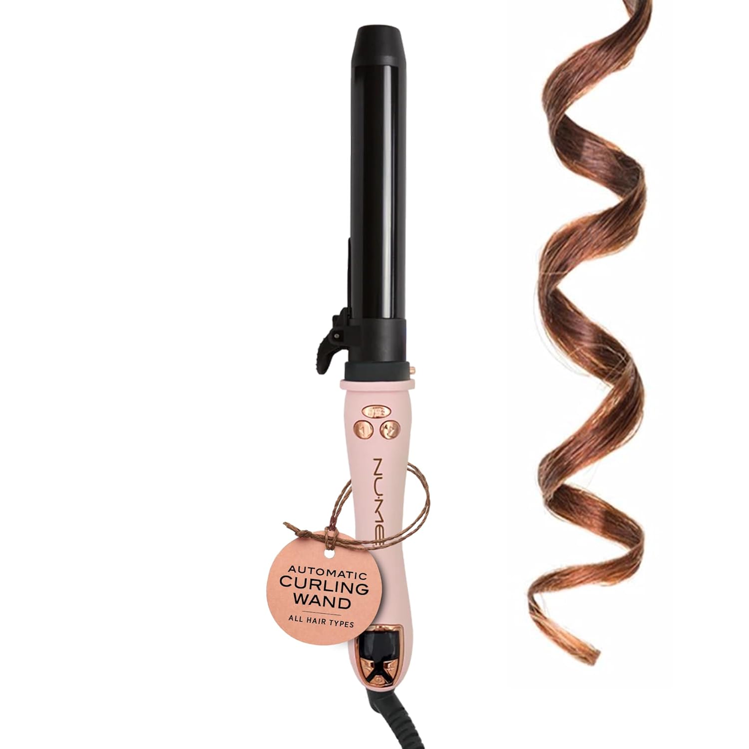 NuMe Professional Automatic Rotating Curling Iron 1-inch - Fixed Temperature - Tourmaline Ceramic - Large Barrel for Long Hair & Thick Curls. Extra-Long, Oval-Shaped Hair Wand