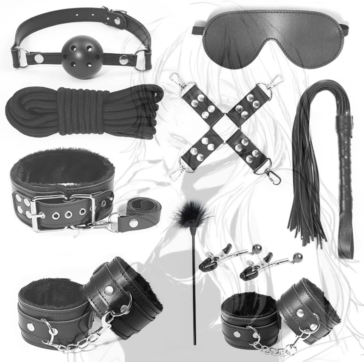 BDSM Strap Sex Bondage Sets Cuffs Restraint Rope Gear & Accessories Practical 10-Piece Multifunctional Sports and Fitness Set in Black Leather