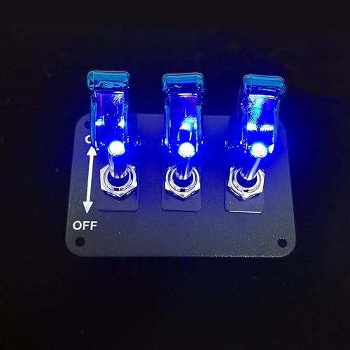 Miniatura 4 de Panel de interruptor de palanca, interruptor de encendido universal de 12 V, cubierta de 3 filas, revestimiento azul, panel de superficie anodizada,