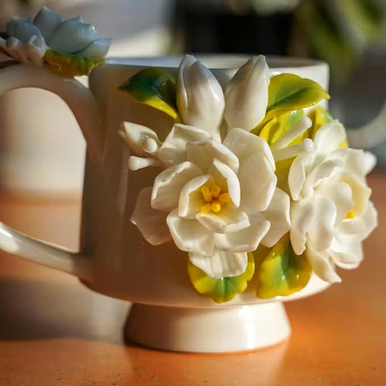 Handmade 3D Flower Ceramic Mug, Handcrafted Porcelain Coffee Cup with Relief Floral Design, Artistic Tea for Home Decor, Birthday Gift for Women, Lovers(White)