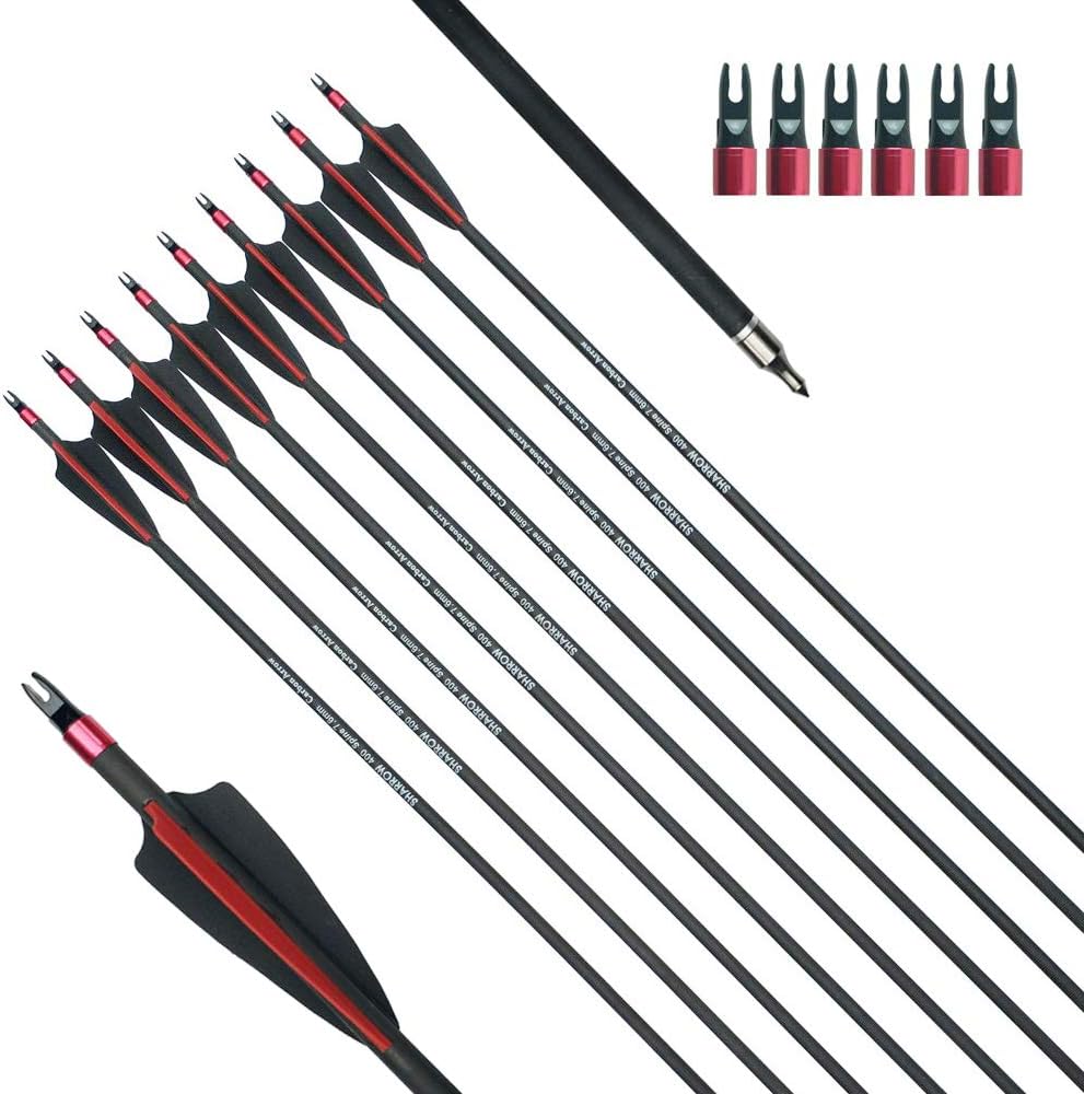 12 Pieces 30 Inch Carbon Arrow Archery Hunting Arrow Target Arrow Spine 400 Practice with 100 Grain Removable Field Point and Arrow Quiver Tube for Recuve Bow & Compound Bow