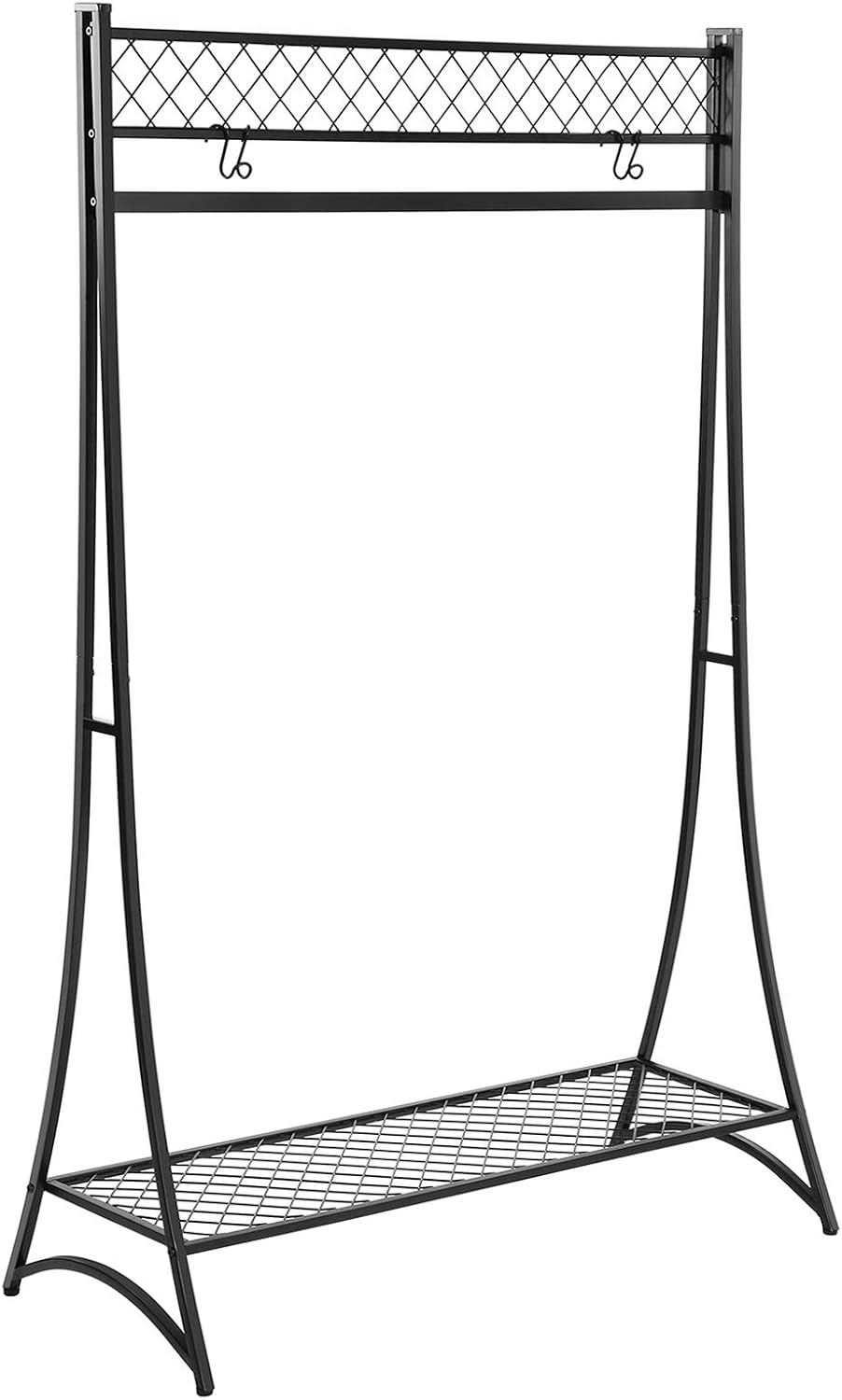 SONGMICS Clothes Garment Rack, Holds 110 lb, Elegant Tower Design, Grid Mesh Bottom Shelf, Clothing Rack for Bedroom Entryway, 37 x 15.9 x 64.6 Inches, Matte Black