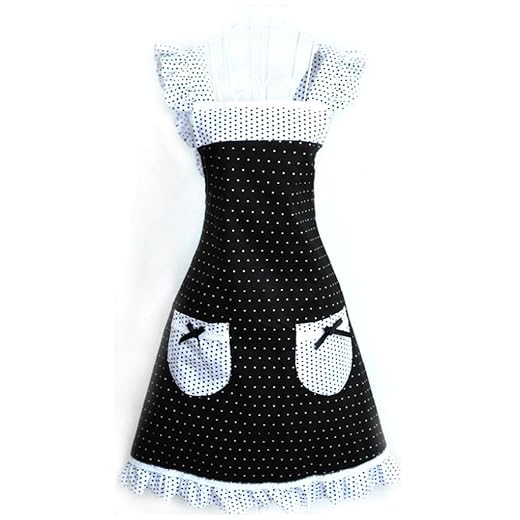 Musuntas Cute Princess Style Dots Muster Falbala Dekor Frauen Küche kochen Schürze mit 2 Bowknot Taschen (schwarz + weiß)