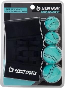 Bandit Sports Mini Web Trainer, Mini Baseball Glove with Finger Web and Mini Ball, Hand Mini Baseball Training Gloves Includes 2 Gloves and 4 Variety Mini Balls