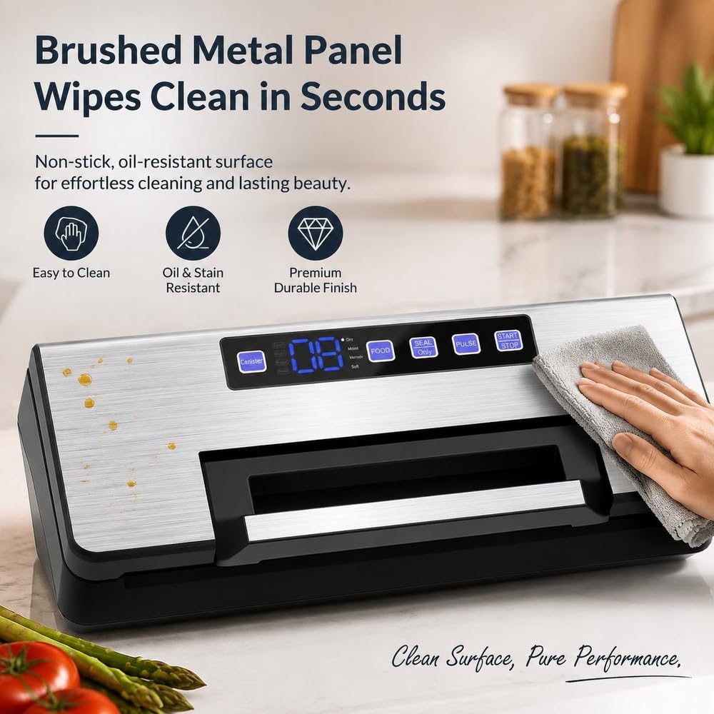 Máquina al vacío de alimentos - Bomba doble potente 100 kPa, modo seco y húmedo, fácil de usar, arranque automático tapa, bandeja de agua extraíble, bolsa y rollo incluido