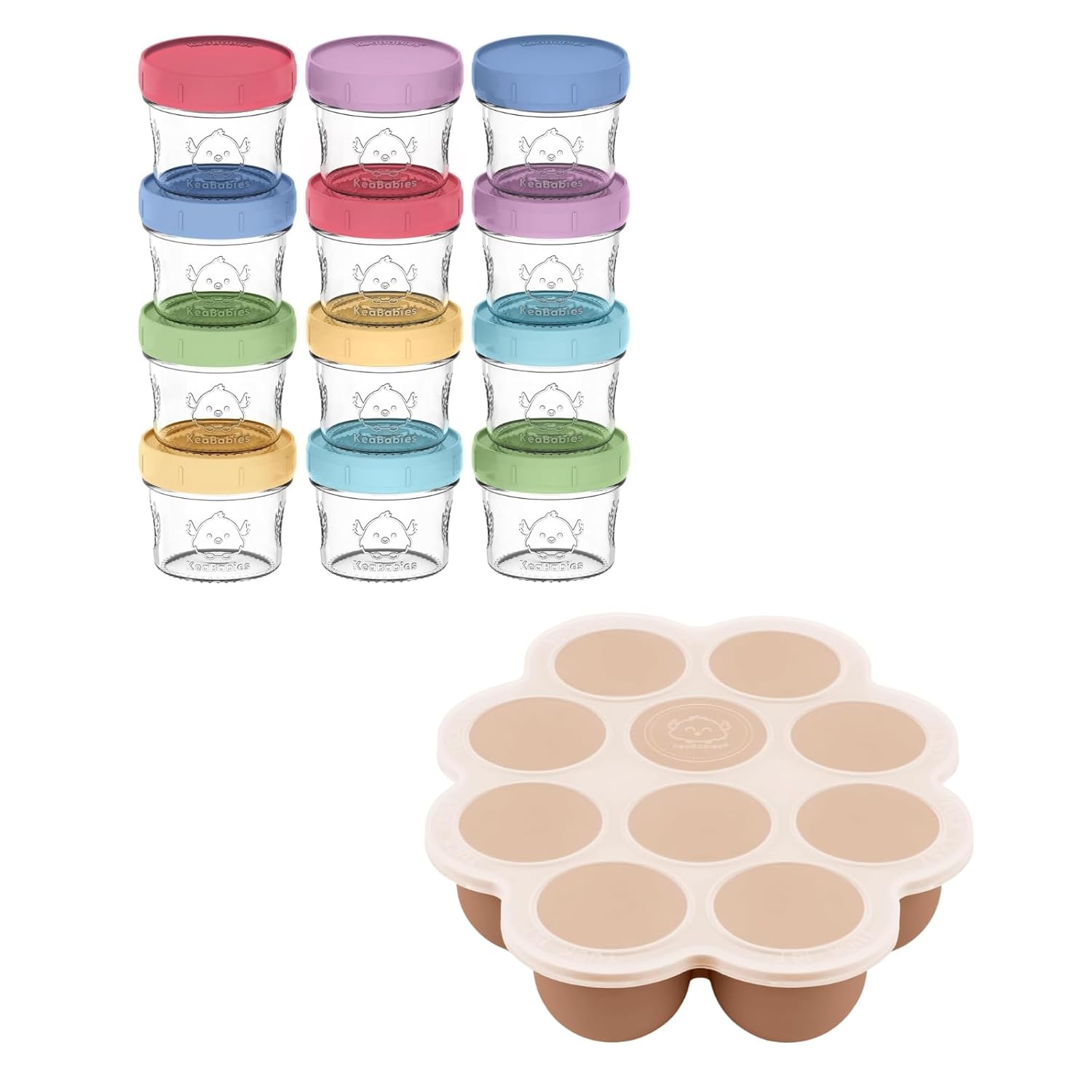 KeaBabies 12-Pack Baby Food Glass Containers and Silicone Baby Food Freezer Tray with Clip-on Lid - 4 oz Leak-Proof, Microwavable, Storage Container, Silicone Freezer Molds