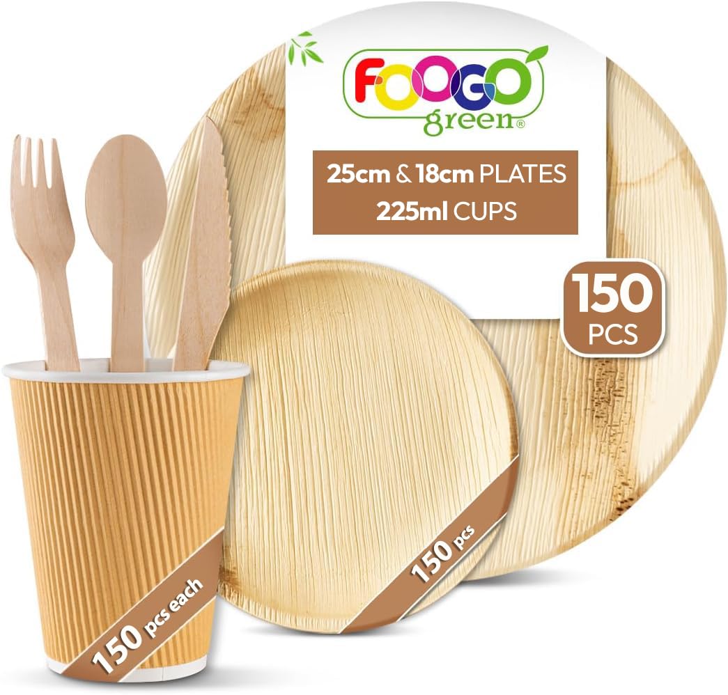 FOOGO Green 900pcs Disposable Palm Leaf Plates, Paper Cups and Wooden Cutlery Set, FSC® Certified, 150x Large Round, 150x Small Side Plates, 150x Cups, 150x Forks, 150x Knives, 150x Spoons, Eco