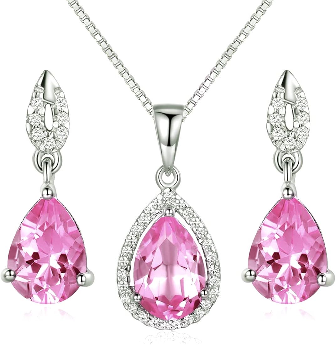JIANGXIN Teardrop Birthstone 925 Sterling Silver Rhodium Plated Gemstone Jewelry Set for Women Stud Earring Pendant Necklace 1618inch Italian Box