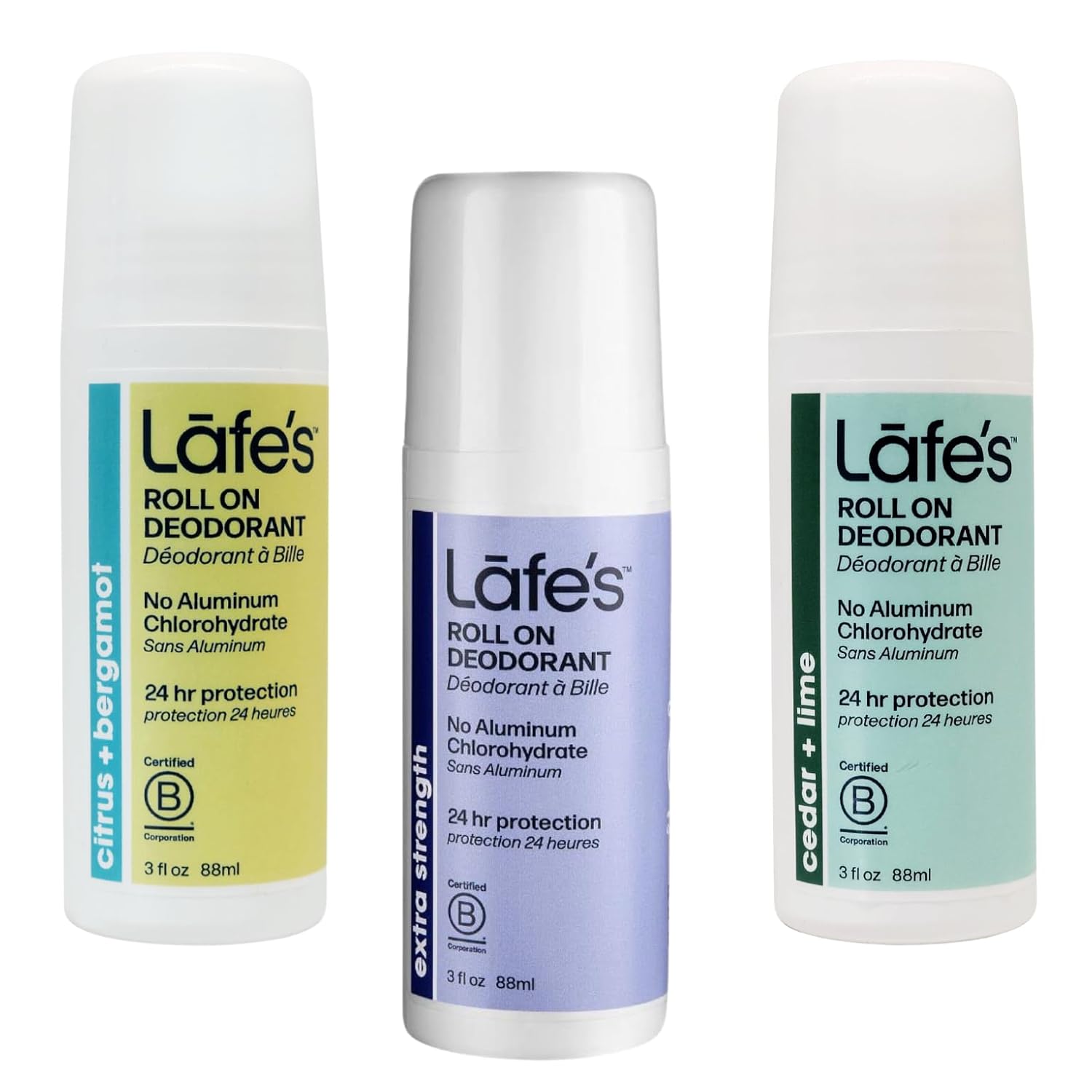 Lafe's | Men's Roll On Aluminum Free Deodorant Variety - Active, Extra Strength, Fresh | Vegan, Cruelty Free, Gluten Free, Paraben Free & Baking Soda Free with 24-Hour Protection; 3 Pack (3oz each)