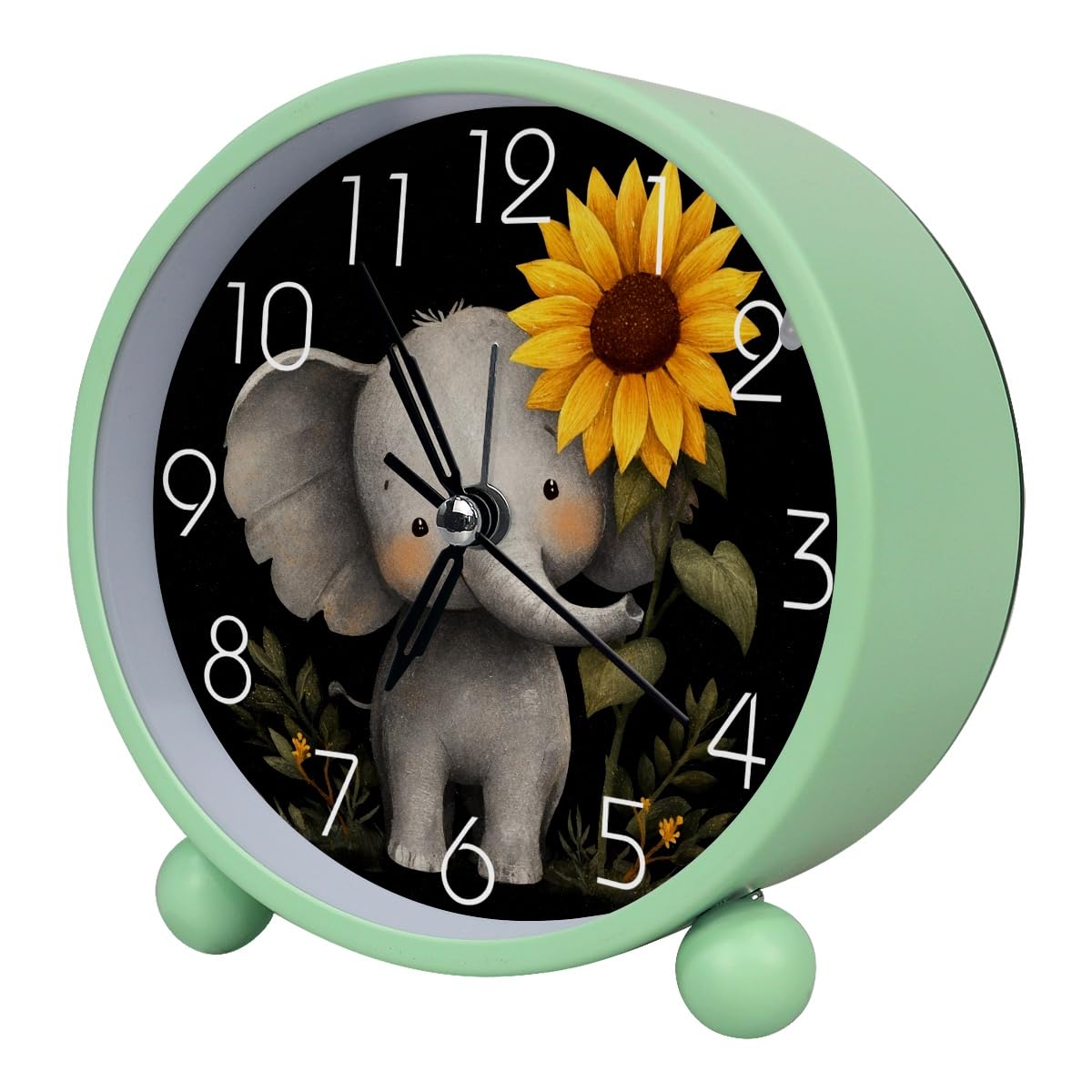 Luoweisi Analog Alarm Clock Elephant Sunflower, Silent Non-Ticking with Night Light, Battery Operated, Round Desk Alarm Clock for Office, Bedroom, Elderly, Adults, Children, Student Gifts