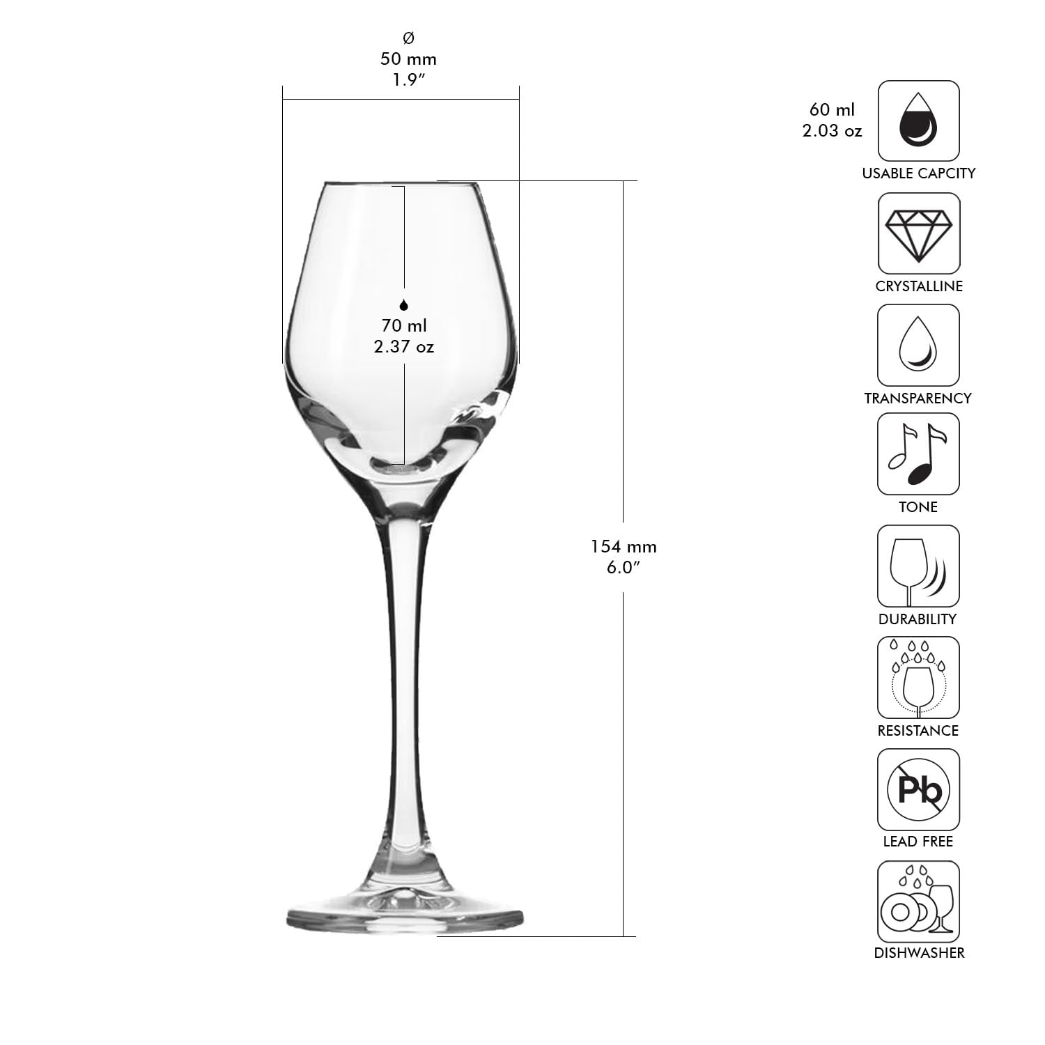 Krosno – Verres à Liqueur et Vodka 70 ml – Lot de 6 – Collection Splendour – Cristal Sans Plomb – Silhouette Élancée et Élégante