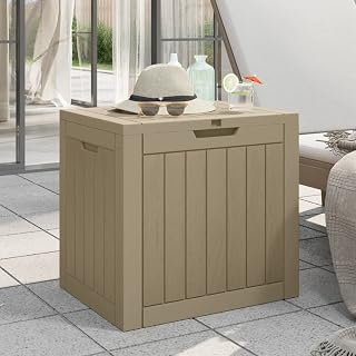 Gartenbox Grau Polypropylen 55,5x43x53 cm mit abschließbarem Deckel und Stauraum 118 L, wetterfest, wasserdicht, mit Holz-Optik für Balkon, Terrasse, Outdoor und Pool