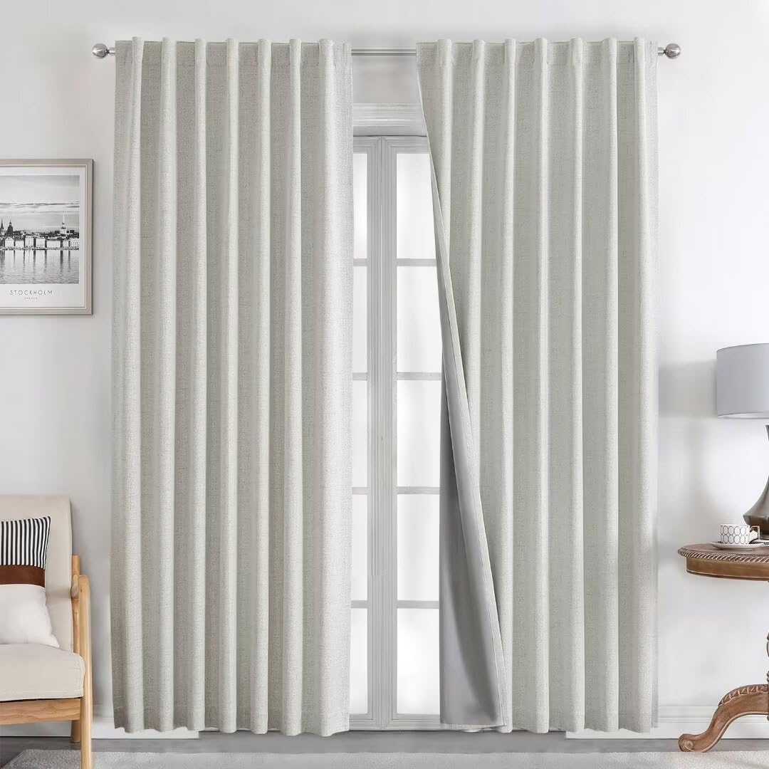 Joydeco 100% Black Out Curtains 84 inch Long 2 Panels Burg Natural Blackout Linen Drapes for Bedroom Living Room Darkening Curtain Thermal Insulated Back tab Rod Pocket(37x84 inch,Greyish White)