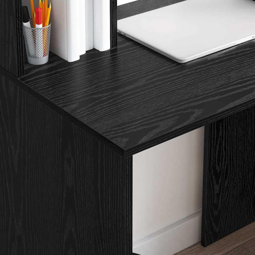 Scrivania con mensola, colore nero, effetto rovere, 91 x 50 x 149 cm, materiale in legno, moderna scrivania per computer per casa, ufficio, giochi, apprendimento, con spazio di archiviazione