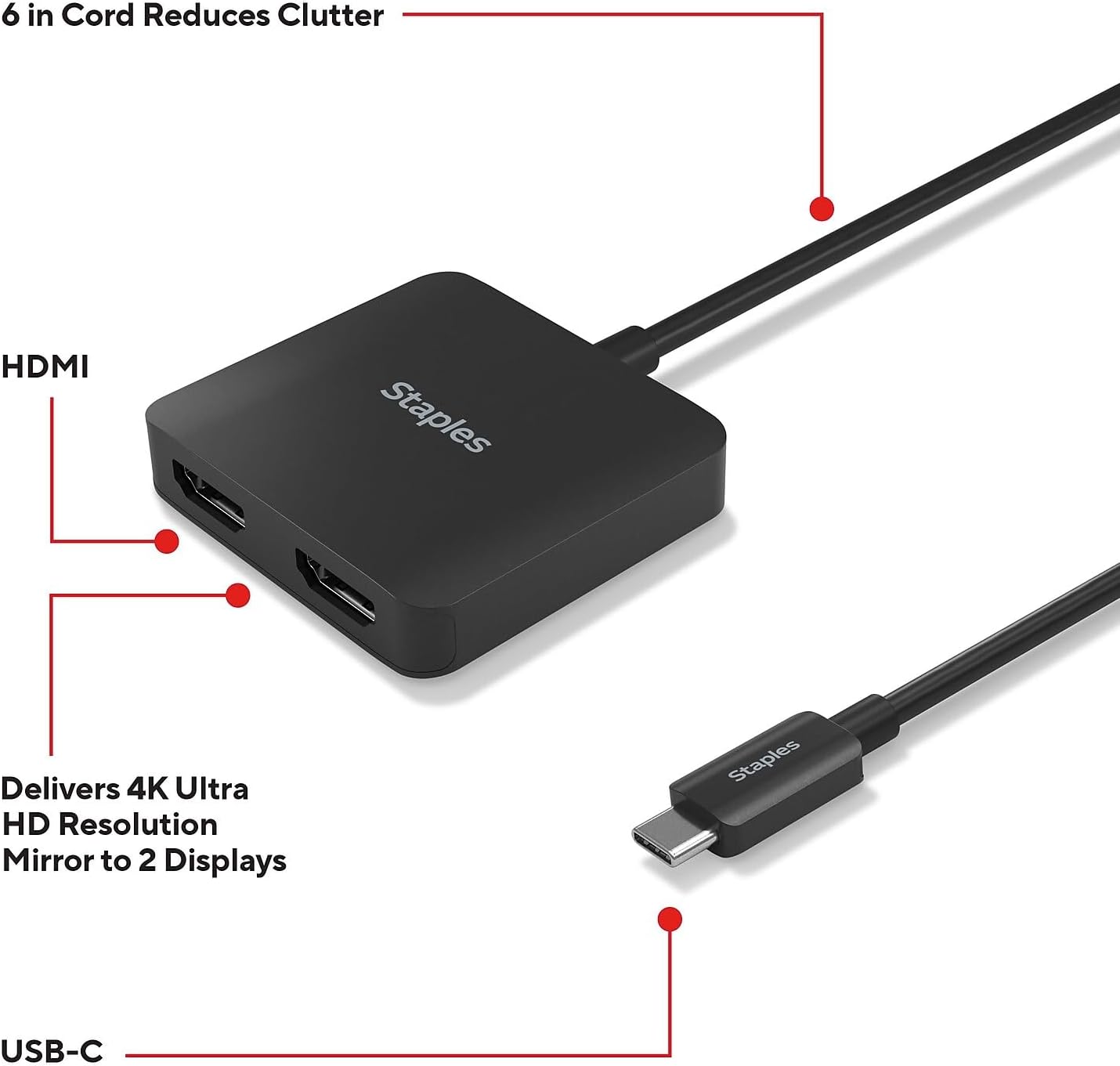Staples TECH USB‑C to HDMI Adapter Cable – 6‑Inch Male‑to‑Female Audio/Video Converter for Monitors, TVs & Projectors, Black