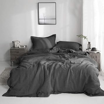 Simple&Opulence 100% Linen Duvet Cover Set with Embroidery Border Washed - 2 Pieces 1 Duvet Cover & 1 Pillow Sham with Button Closure Soft Breathable Farmhouse - Dark Grey, Twin Size
