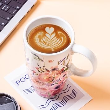 Ceramic Mug Travel Coffee Cup with Lid & Handle, 17oz. Set of 2 Tall Tea Cup in Color Box, 6.5 H