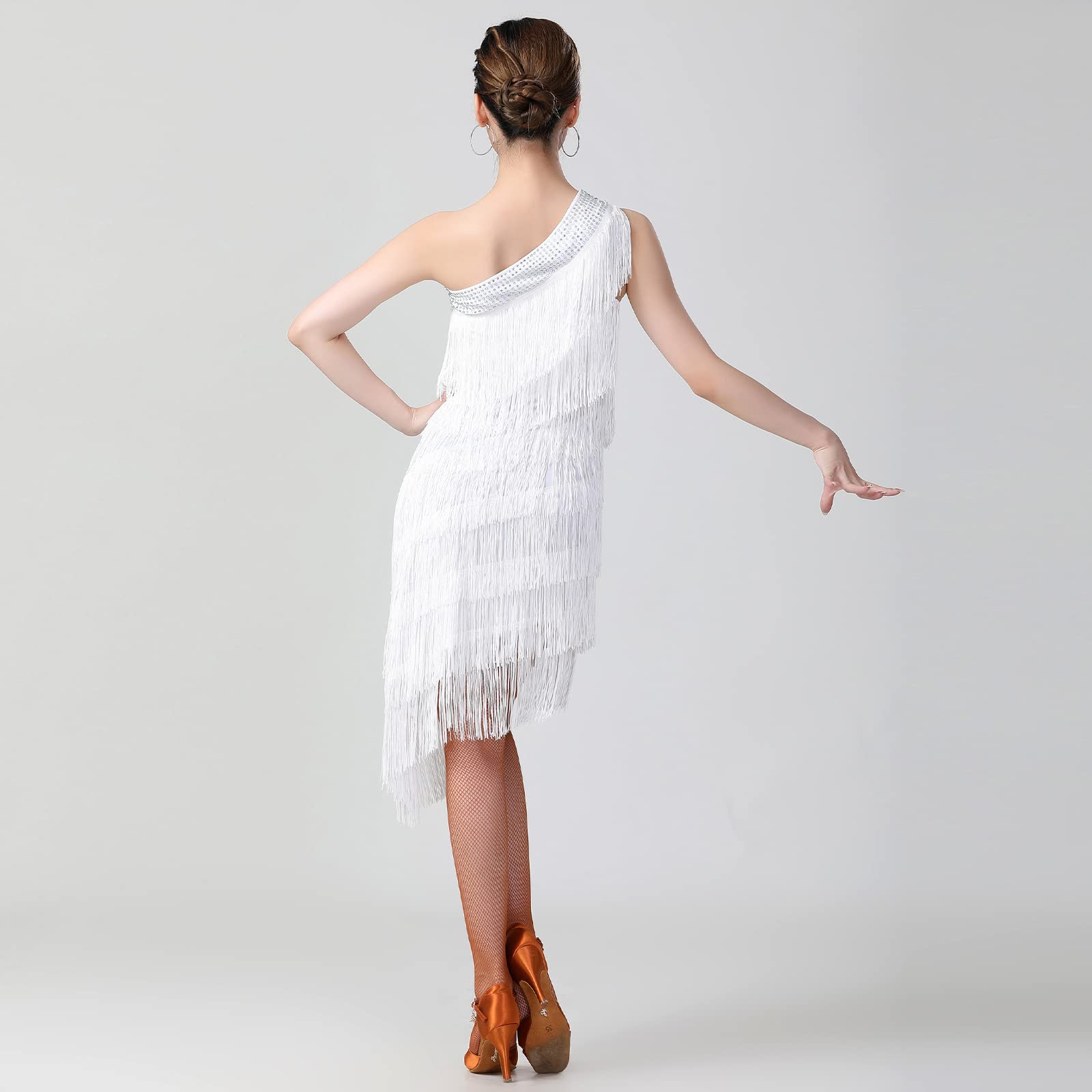 Vestido de lentejuelas con flecos y flecos para mujer, estilo Gatsby, asimétrico, con un hombro descubierto, salsa, baile latino, cóctel, baile