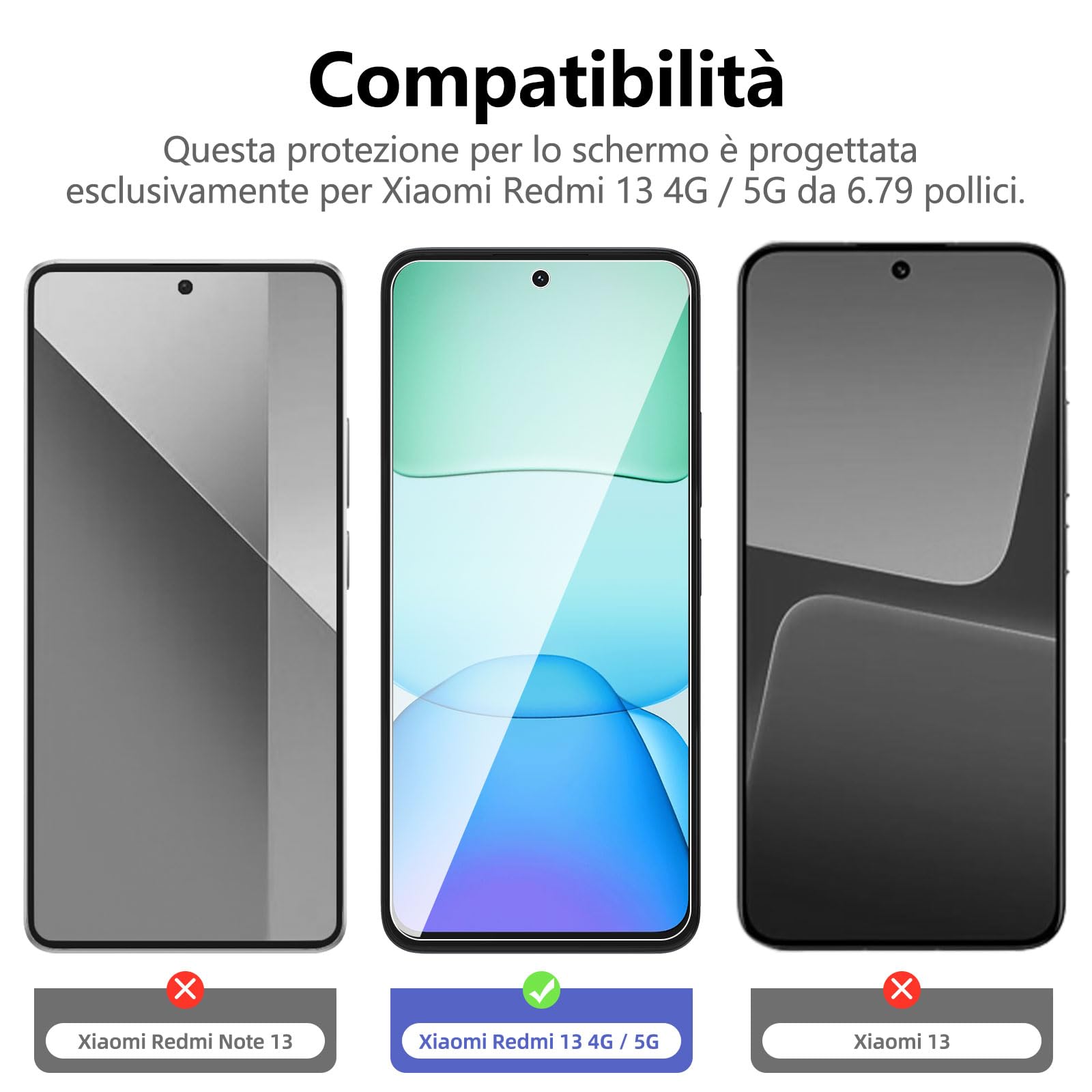 NEW'C 3 Pezzi, Vetro Temperato per Xiaomi Redmi 13 4G/5G, Pellicola Prottetiva, Senza Bolle, Durezza 9H, 0,33mm Ultra Trasparente, Ultra Resistente