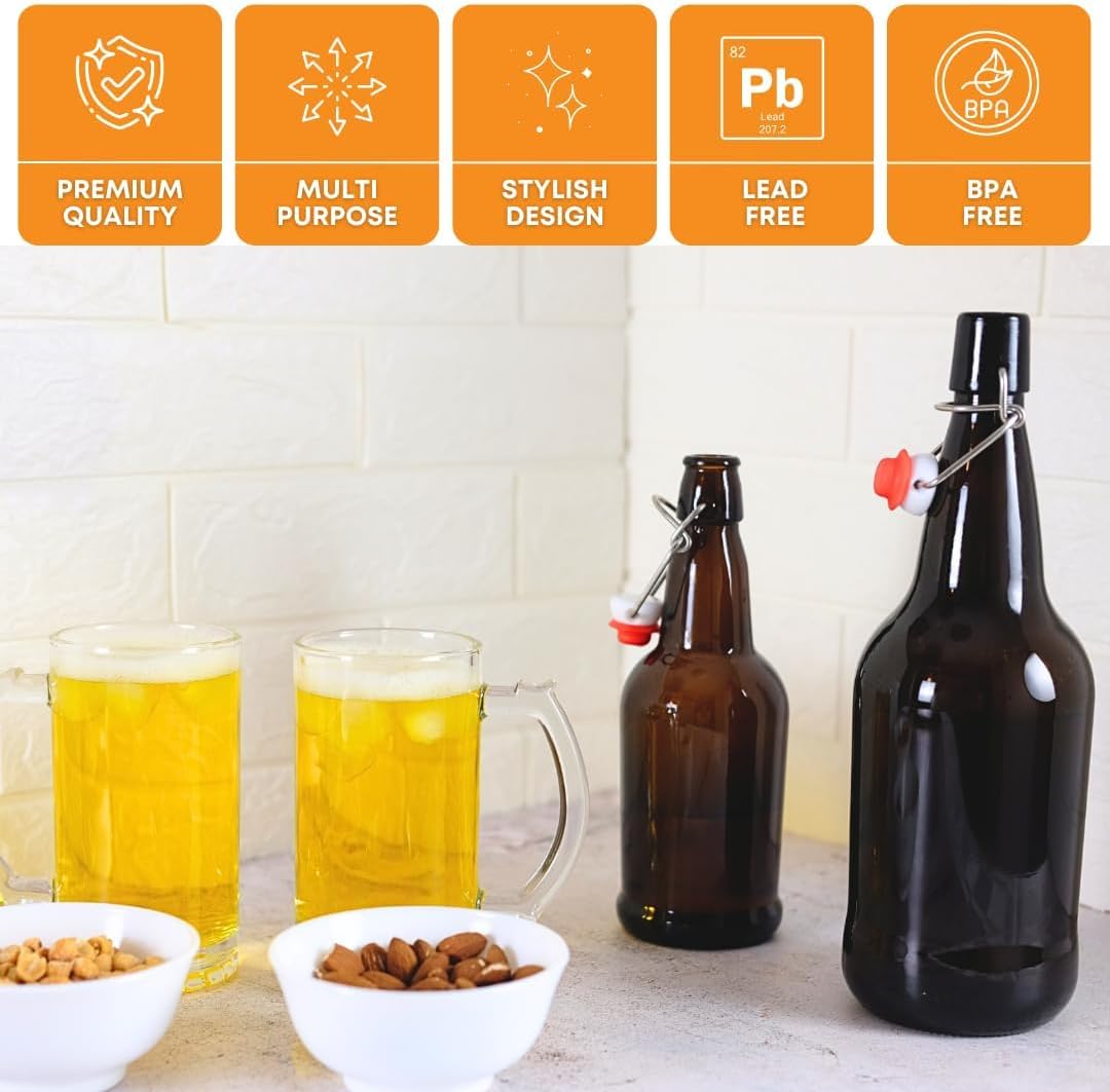 FastRack 33 oz Amber Swing Top Glass Bottles – 2 Pack | Flip Top Airtight Bottles (Not Olive Oil Style) | UV-Protective Bottles for Kombucha, Beer, Soda & Fermentation