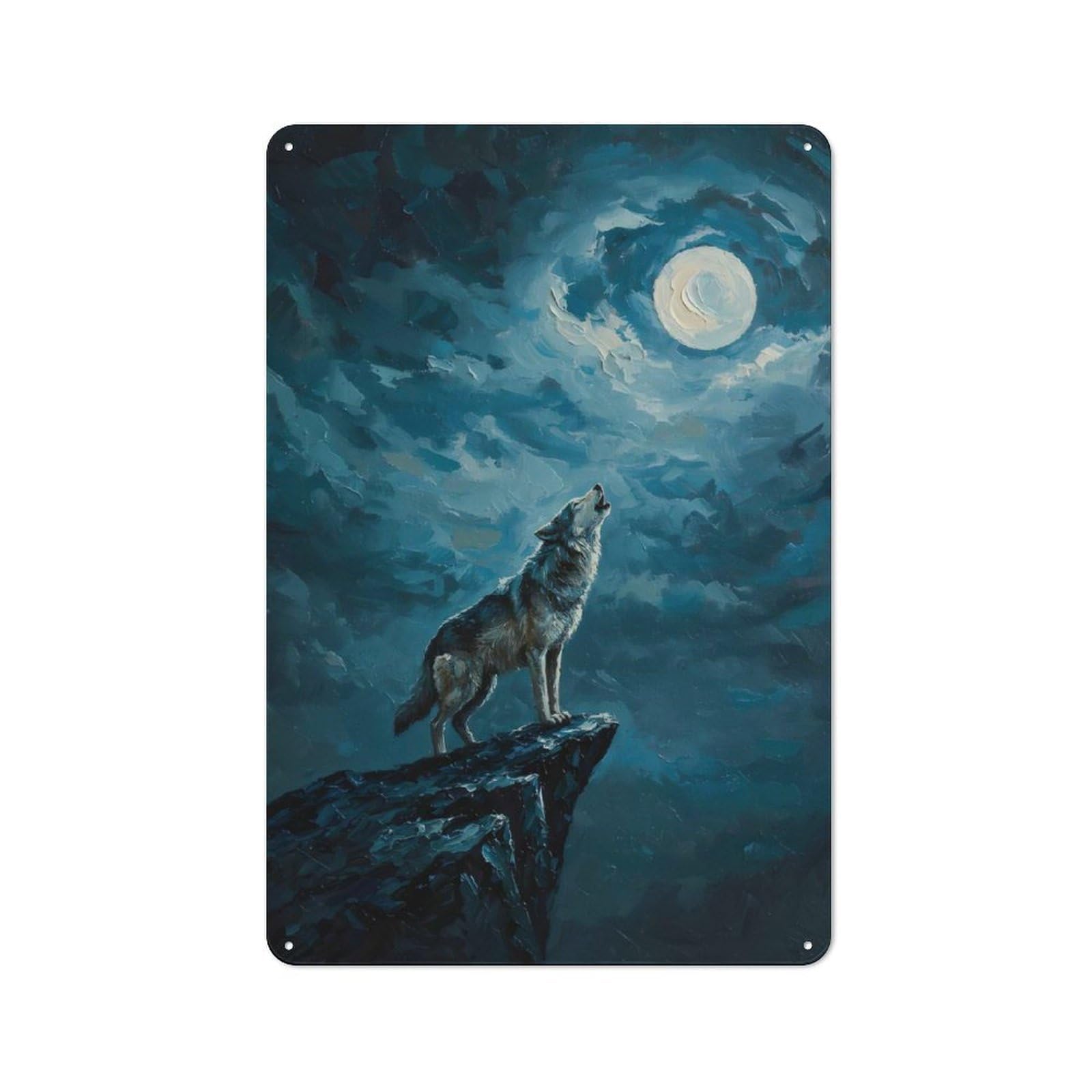 Wolf Howling at The Moon Metal Wall Plaque 30x20cm, Everyday Small Space Decor for Flat, Dorm Room, Lounge Or Cafe