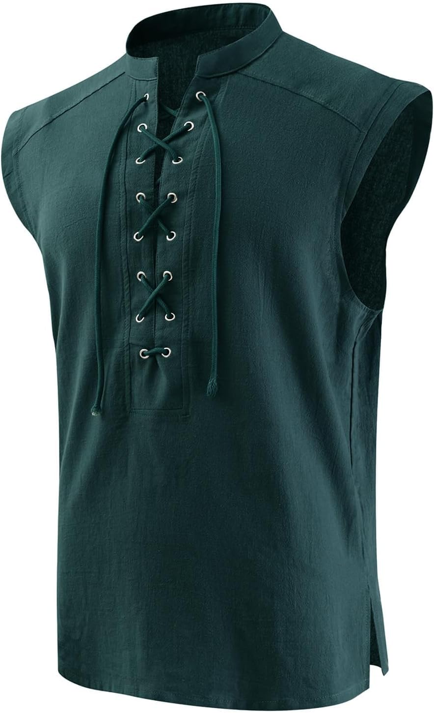 SYQBR Mens Medieval Pirate Lace-up Sleeveless Shirt, Renaissance Viking Stand Collar Top, Steampunk Gothic Costume Tunic